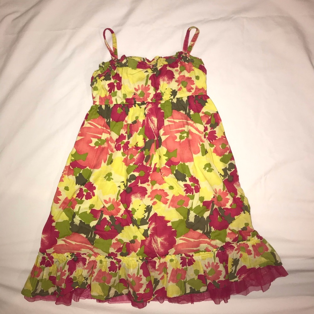 Pink, green and yellow camouflage dress.